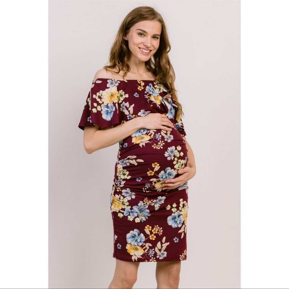Hello Miz Burgundy Floral Off The Shoulder Ruffle Maternity Dress Small - Picture 2 of 9